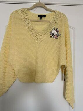 NWT Derek Heart x Hello Kitty Yellow Lace V-Neck Cropped Knit Sweater